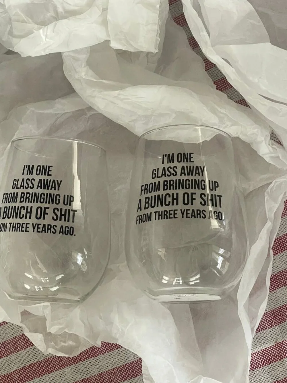 stemless wine glasses, funny.  set of 2